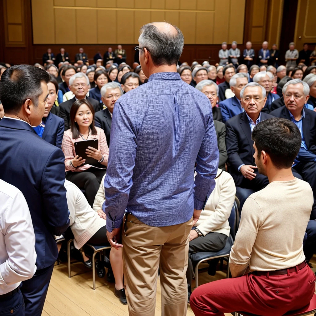 Back photo, There is only one middle-aged man in the photo with his back to the camera,He wears fashionable and young clothes,in the town hall, speak confidently,There are many audience members in the audience
