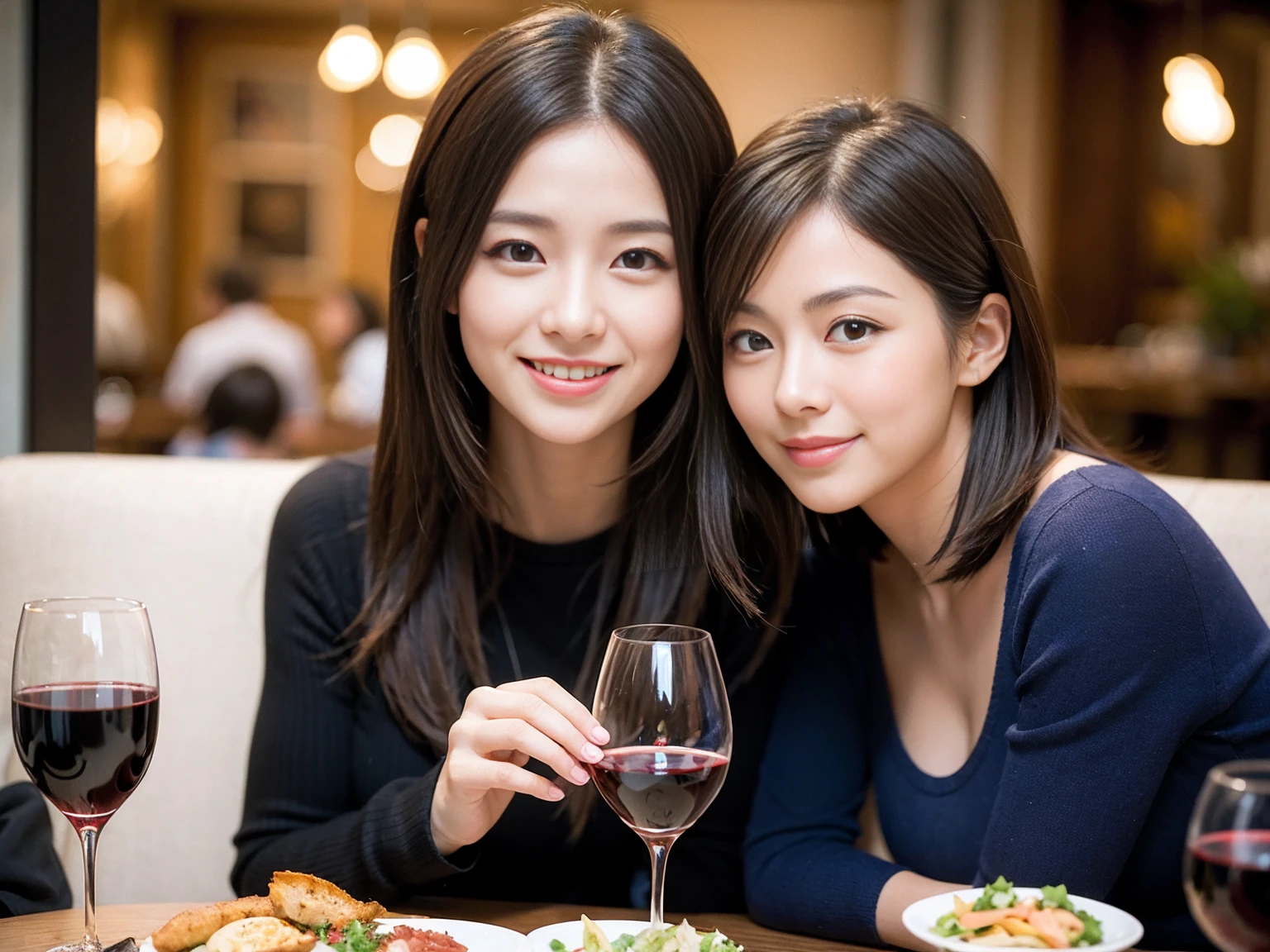 ((Highest quality、8K、masterpiece:1.3))、1 male、1 woman who resembles Satomi Ishihara、Couple、spouse、Couple、The body is slim、((Bob Hale、Straight hair:1.2)), (Realistic, Intricate details:1.2), テーブルの上のwine glass、Put the light on your face、 Amazing view of the sunset sky and clouds、Amazing mountain views、A bright smile、The wonderfulness of smile、Bright image、The beauty of wine, Beautiful Face, blue eyes, The light shines on your face, Blushing, short hair,Bright Face、 (Age 37), 39 years old, red wine 、Appetizers、Italian food、Wine bottle、Champagne、sparkling wine、Two beauties、Brown Hair、Shortcuts、Long sleeve shirt、dress、Beautiful woman 1, (slimな顔), (The body is slim), (Brown Hair), (Shortcuts), cheeks turn a little red,Attractive beauty、restaurant, In a prominent place (From the waist up) Nova Frog Style, actress, model, Upper Body, White wine, slim, wine glass, 中央に置かれたwine glass, smile, (smile: 1.15), Beautiful fine grain, Depth f/2,saturation, High Contrast, Strong light and shadow,Moist Body:1.5、3D texture、Delicate eyes、Brown Hair、The hair is very shiny、