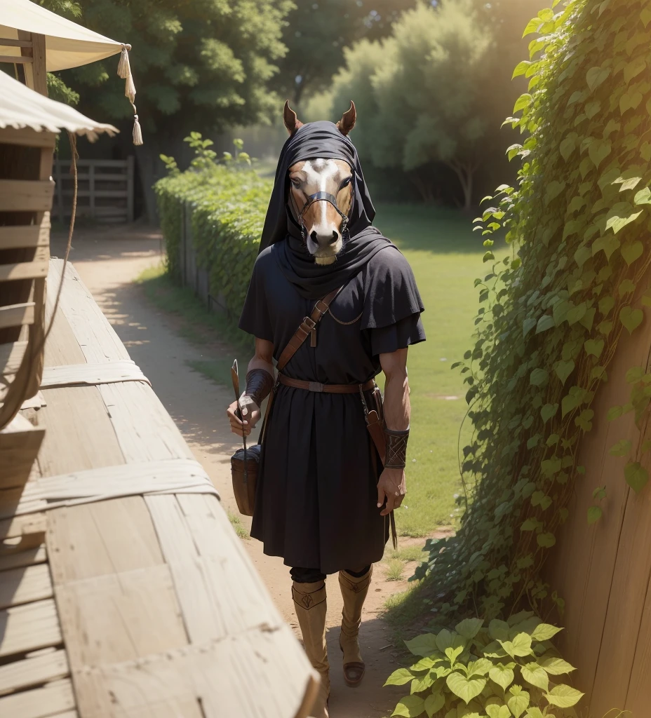A captivating old photo of a masked Arab warrior standing near a horse with a blank letter in his hand, which he opens and shows to the camera, focusing on it
