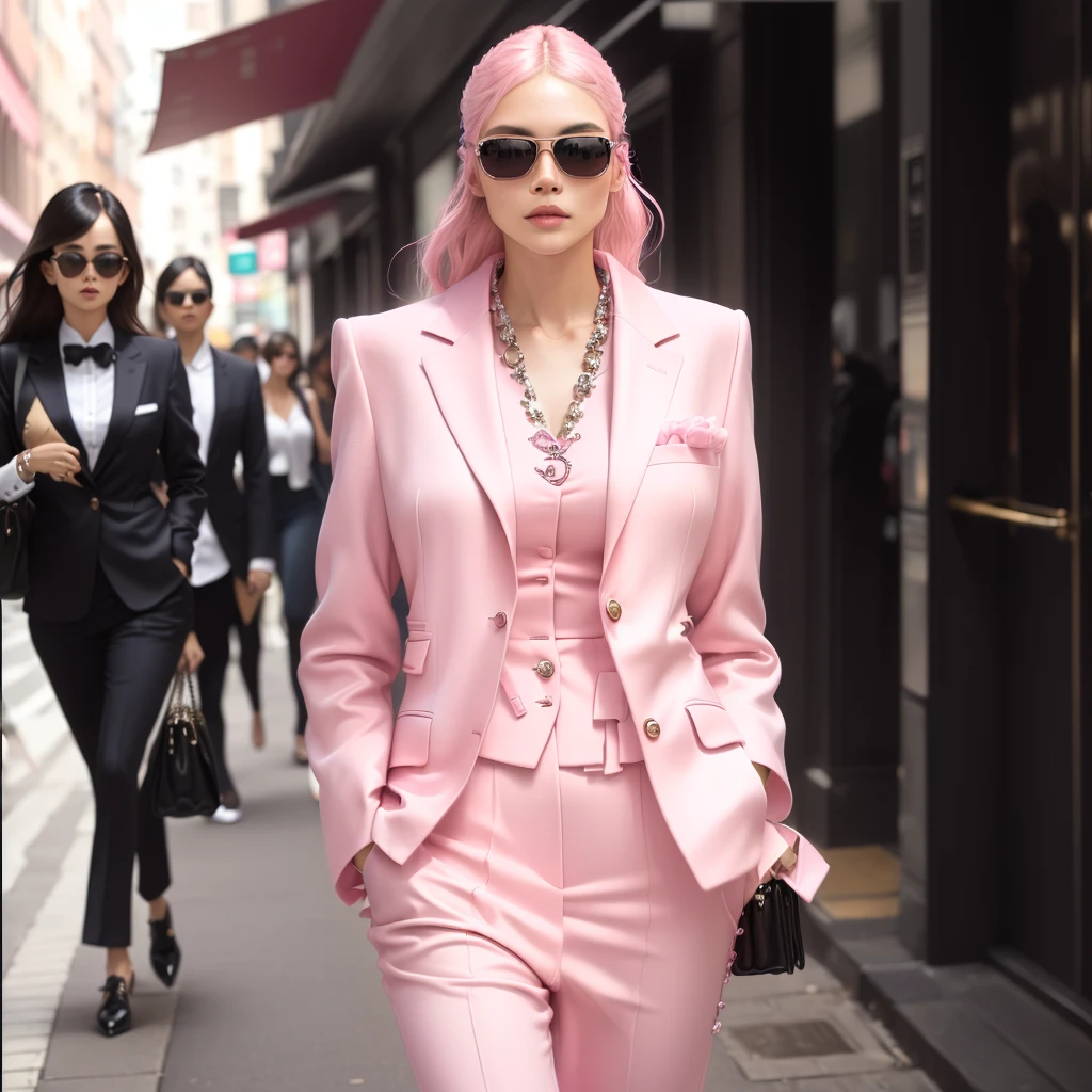 Wearing a pink suit、European female model wearing sunglasses walking on the street, Wearing a light pink suit, Chanel, Pink, Polished appearance, 2020 Fashion, soft style, Pastel', Fashion,