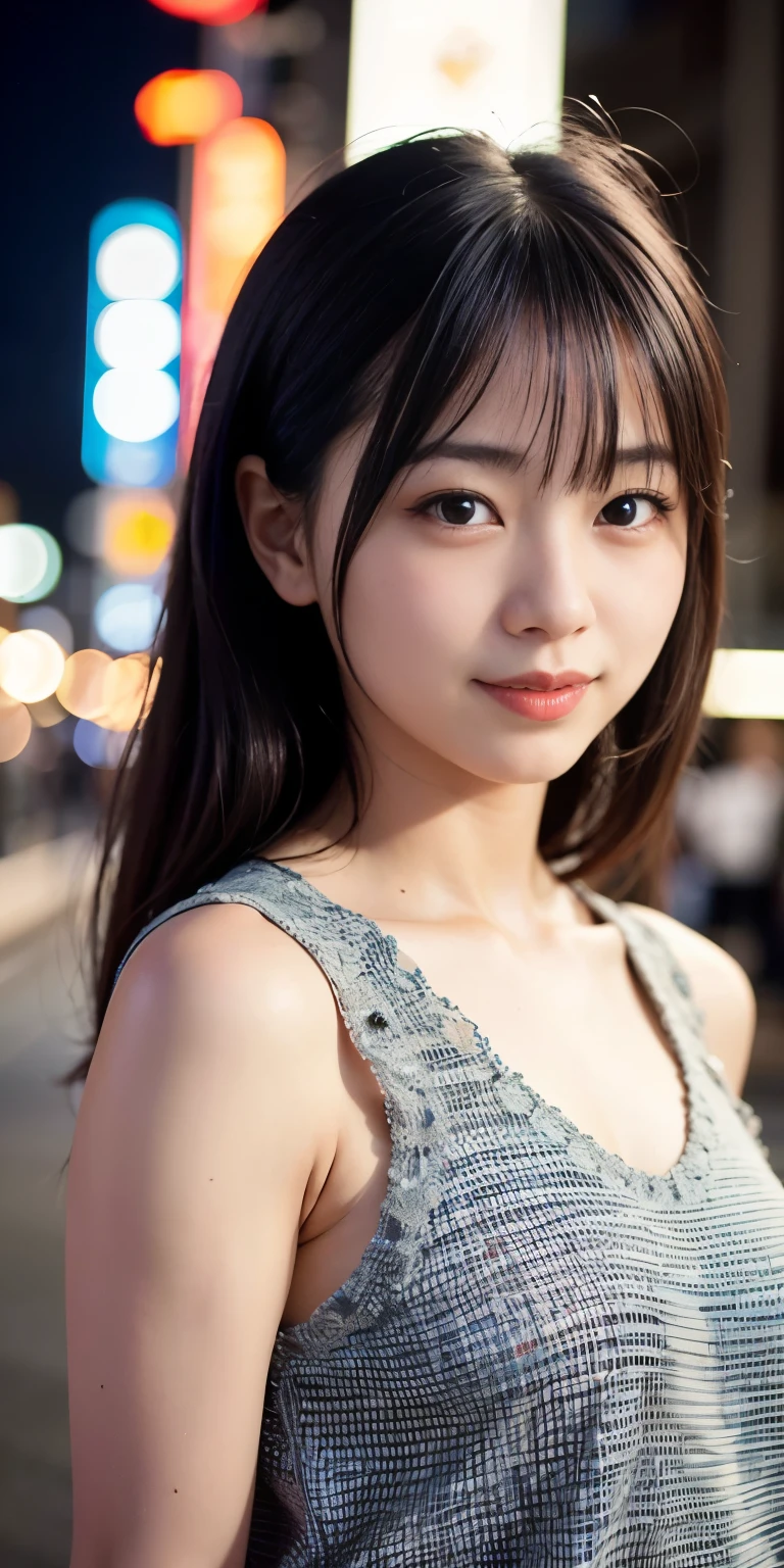 1 Girl, Tokyo Street,night, Streetscape,City lights,Upper Body,close,smile,, (8K, Raw photo, highest quality, masterpiece:1.2),(Realistic, photo-Realistic:1.37),