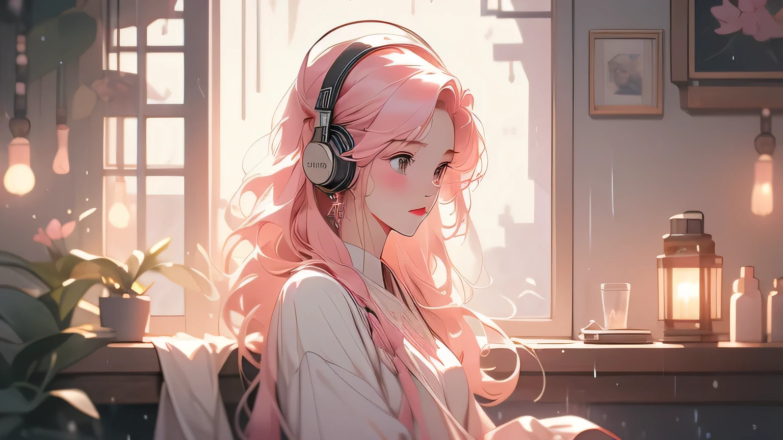 Rain sound and night view image: Rainy night、A scene of relaxing while looking out the window。 scenario: With the sound of rain and the visuals of the night view as the background、Soft lo-fi music plays。Perfect as background music to help you concentrate on studying or working。 [instrumental](masterpiece, Highest quality, Highest quality, Official Art, beautifully、aesthetic:1.2), (One girl), Very detailed,(Fractal Art:1.3),colorful,Most detailed pink hair、I have headphones on。