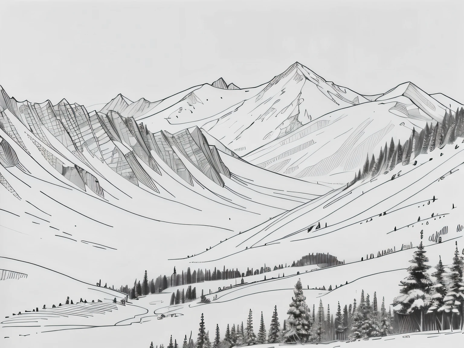 A simple pen drawing，Simple line drawing，Landscape sketches，Mountain peaks，forest，Simple scene，Vision ，Ultra-detailed，Ultra HD