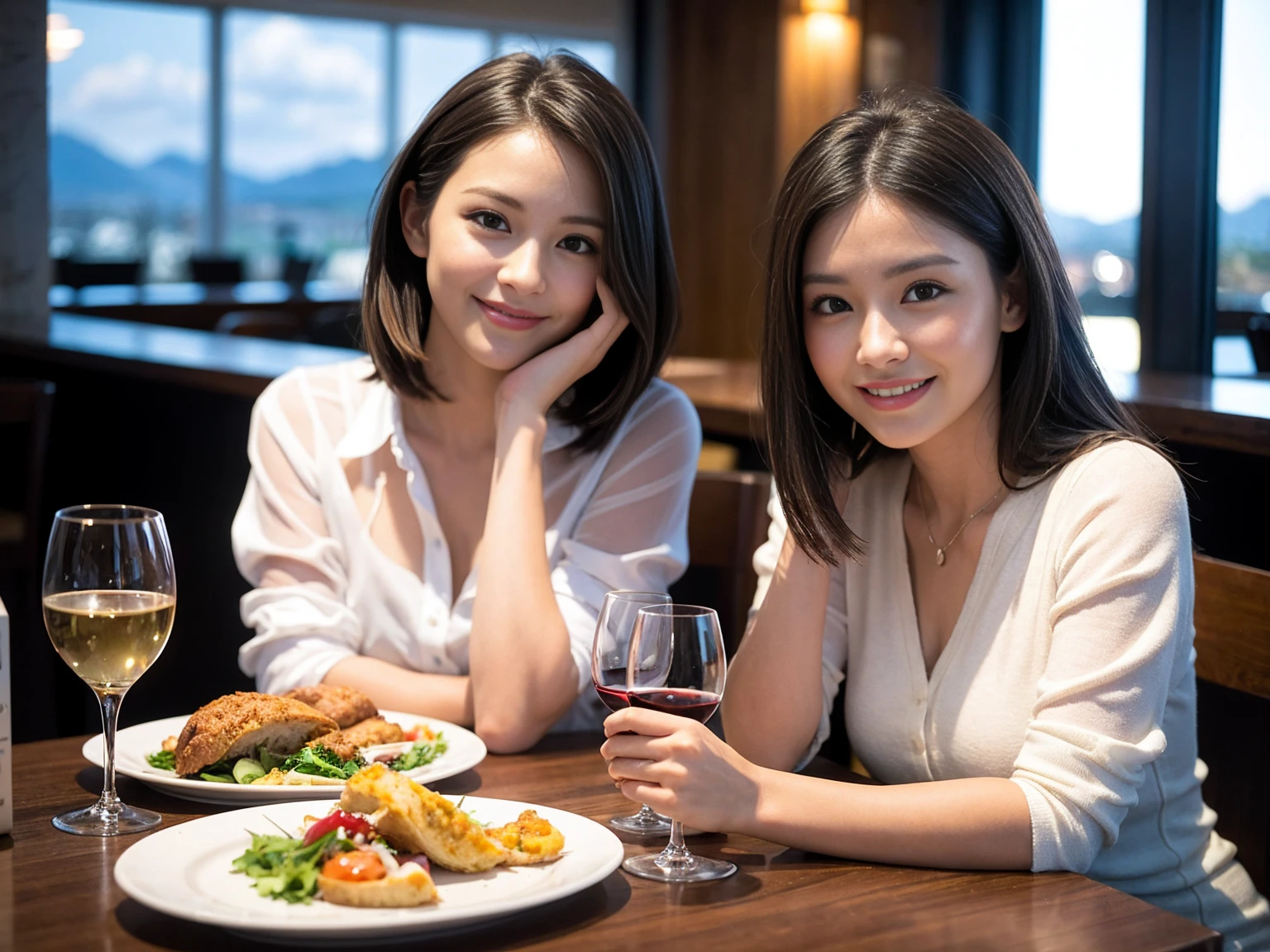 ((Highest quality、8K、masterpiece:1.3))、1 male、1 female、石原さとみ似美女Couple、spouse、Couple、The body is slim、((Bob Hale、Straight hair:1.2)), (Realistic, Intricate details:1.2), テーブルの上のwine glass、Put the light on your face、 Amazing view of the sunset sky and clouds、Amazing mountain views、A bright smile、The wonderfulness of smile、Bright image、The beauty of wine, Beautiful Face, blue eyes, The light shines on your face, Blushing, short hair,Bright Face、 (Age 37), 39 years old, red wine 、Appetizers、Italian food、Wine bottle、Champagne、sparkling wine、Two beauties、Brown Hair、Shortcuts、Long sleeve shirt、dress、Beautiful woman 1, (slimな顔), (The body is slim), (Brown Hair), (Shortcuts), cheeks turn a little red,Attractive beauty、restaurant, In a prominent place (From the waist up) Nova Frog Style, actress, model, Upper Body, White wine, slim, wine glass, 中央に置かれたwine glass, smile, (smile: 1.15), Beautiful fine grain, Depth f/2,saturation, High Contrast, Strong light and shadow,Moist Body:1.5、3D texture、Delicate eyes、Brown Hair、The hair is very shiny、