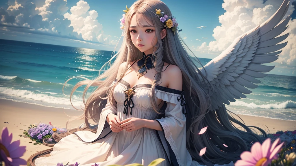 A female angel，long hair，wing，Sea of Flowers，Sky