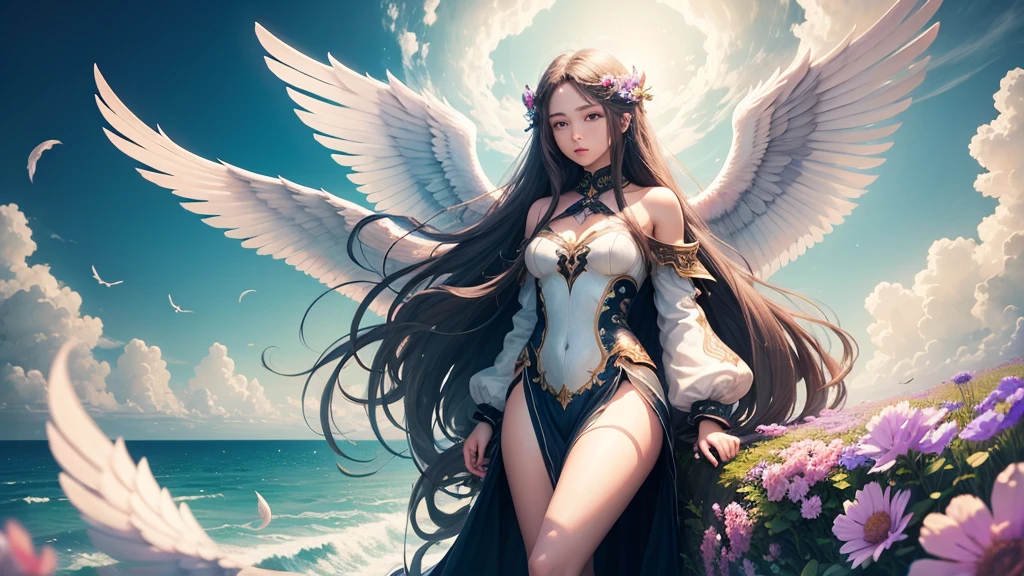 A female angel,long hair,wing,Sea of Flowers,Sky