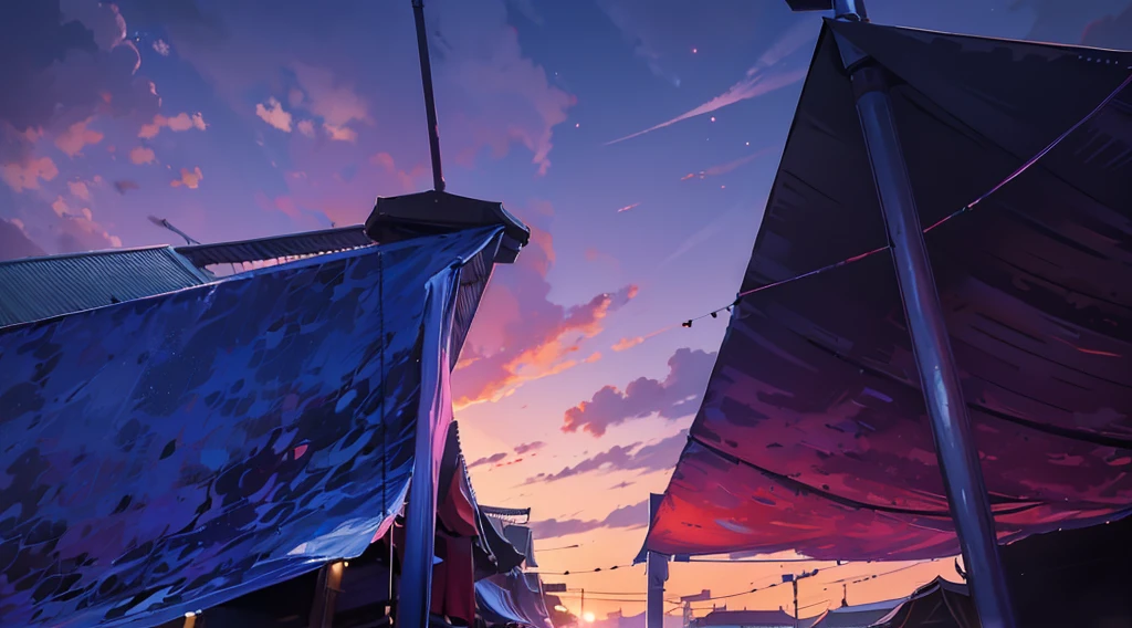 (under tarp canopy), under the market tents, under the canopies, buildings roofs farr away, low angle, dawn sky, early morning,