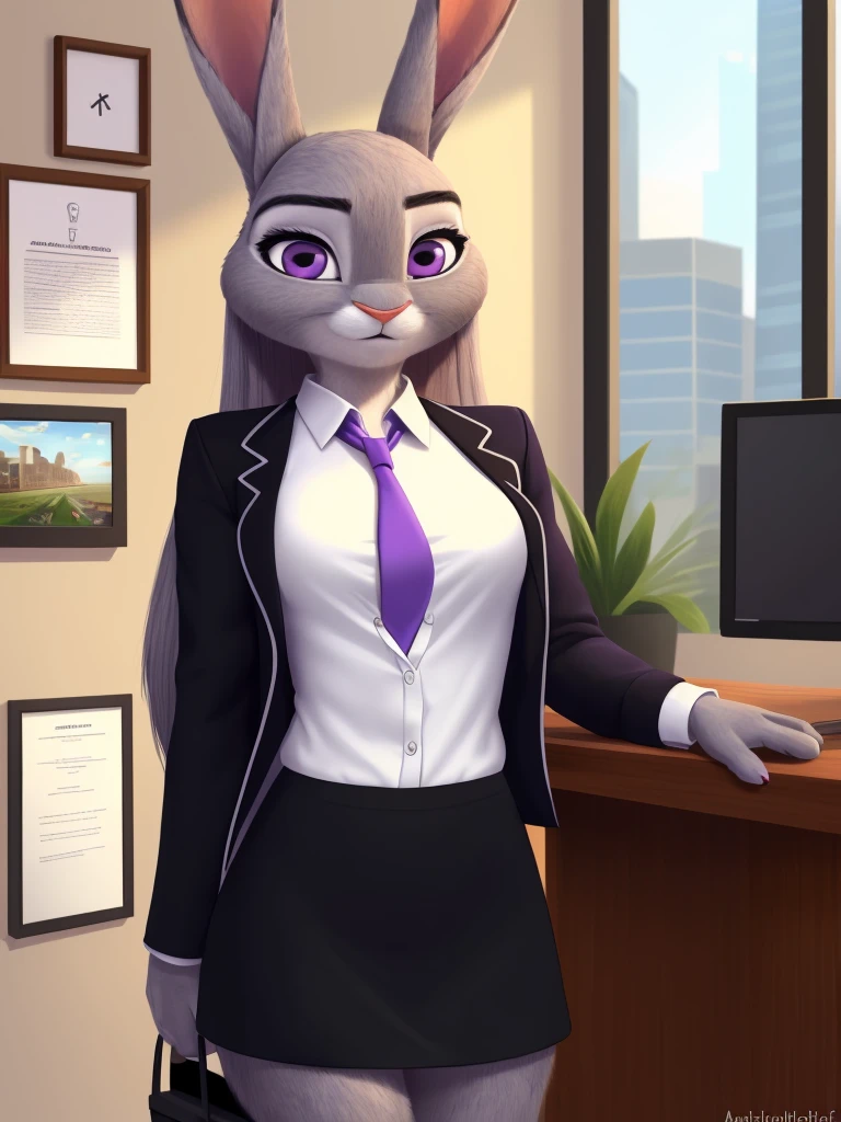 best quality,
masterpiece,
hyper Realistic,
Portrait,
Looking at the audience,
background is an office,

(Face is JudyHopps:1.15),
NamiFinal,
((long straight hair)),
wispy bangs, bangs,
purple eyes,
(arched eyebrows:1.1),
(uplift eyebrows:1.1),
(rabbit ears:1.1),

office lady is wearing suit,
((White blouse)),
((Black blazer jacket)),
((Black skirt)),
clothes made of cotton,

(outfit is made of felt:1.4), 
(((body is made of furry))), 
(((fluffy and fluffy))), 
(((furry and furry))),
human hands,

(solo:1.5),
(1 lady:1.5),
one character only
alone,
Perfect Anatomy