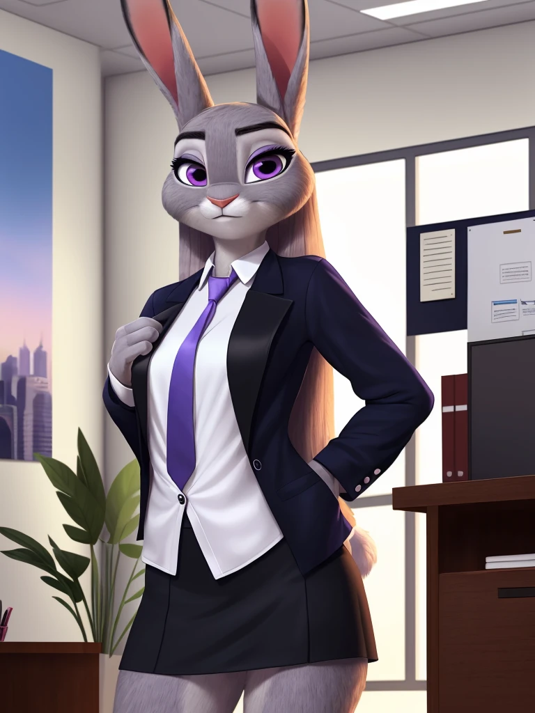 best quality,
masterpiece,
hyper Realistic,
Portrait,
Looking at the audience,
background is an office,

(Face is JudyHopps:1.15),
NamiFinal,
((long straight hair)),
wispy bangs, bangs,
purple eyes,
(arched eyebrows:1.1),
(uplift eyebrows:1.1),
(rabbit ears:1.1),

office lady is wearing suit,
((White blouse)),
((Black blazer jacket)),
((Black skirt)),
clothes made of cotton,

(outfit is made of felt:1.4), 
(((body is made of furry))), 
(((fluffy and fluffy))), 
(((furry and furry))),
human hands,

(solo:1.5),
(1 lady:1.5),
one character only
alone,
Perfect Anatomy