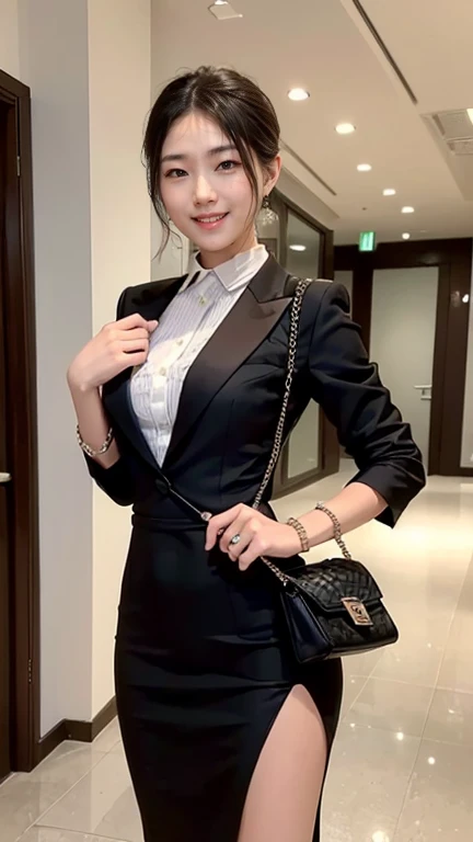 ((masterpiece, Highest quality)), Edge Quality,Conceit,Grin, ((Edge Dress, a woman in a dress posing for a picture )),jewelry, Jacket, bag, formal, suit, Pencil Skirt, handbag, Realistic, office lady, skirt suit, She's wearing a pencil dress、Leaning against the luxurious table behind him。The table is decorated with items and colors that complement her outfit.。, A bright smile.Peeing on your own, Wet clothes, A face that can't stand peeing, Desperately getting wet, Pee despair pose, Her body can't hold the pee、I desperately pee in the middle of the toilet。, Pee running down her legs, stand up, Hyper pee desperate face, Big Piss Puddle