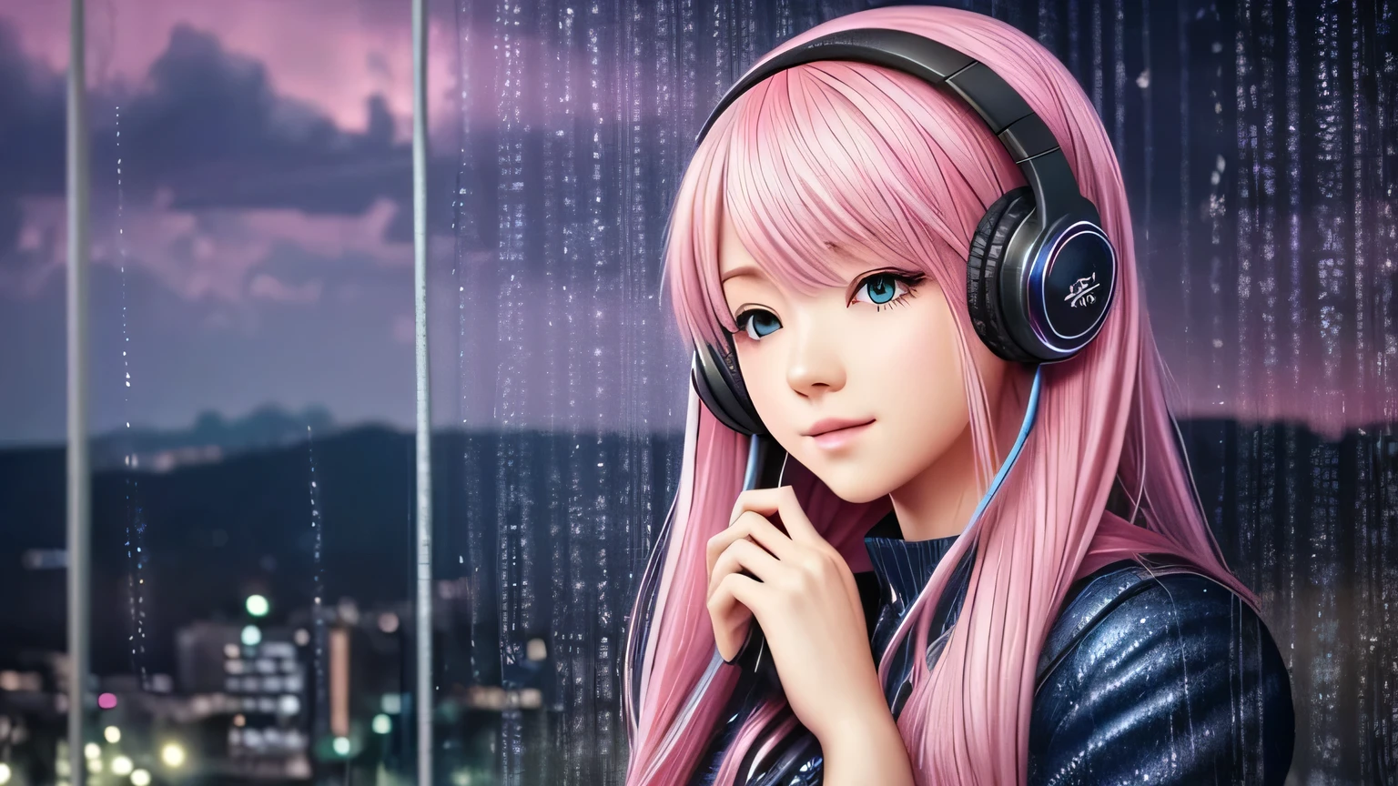 Rain sound and night view image: Rainy night、A scene of relaxing while looking out the window。 scenario: With the sound of rain and the visuals of the night view as the background、Soft lo-fi music plays。Perfect as background music to help you concentrate on studying or working。 [instrumental](masterpiece, Highest quality, Highest quality, Official Art, beautifully、aesthetic:1.2), (One girl), Very detailed,(Fractal Art:1.3),colorful,Most detailed pink hair、I have headphones on。