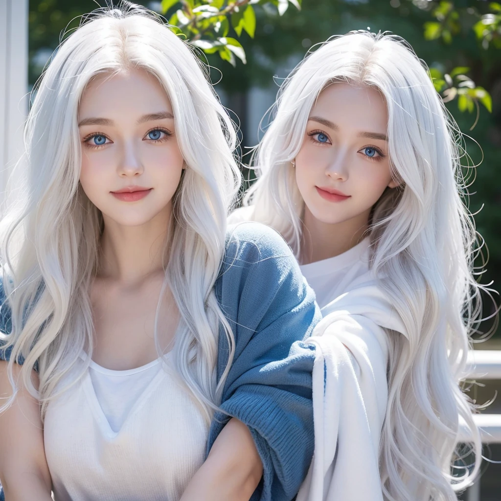 Twin teenager boy and girl with white hair and red eyes.