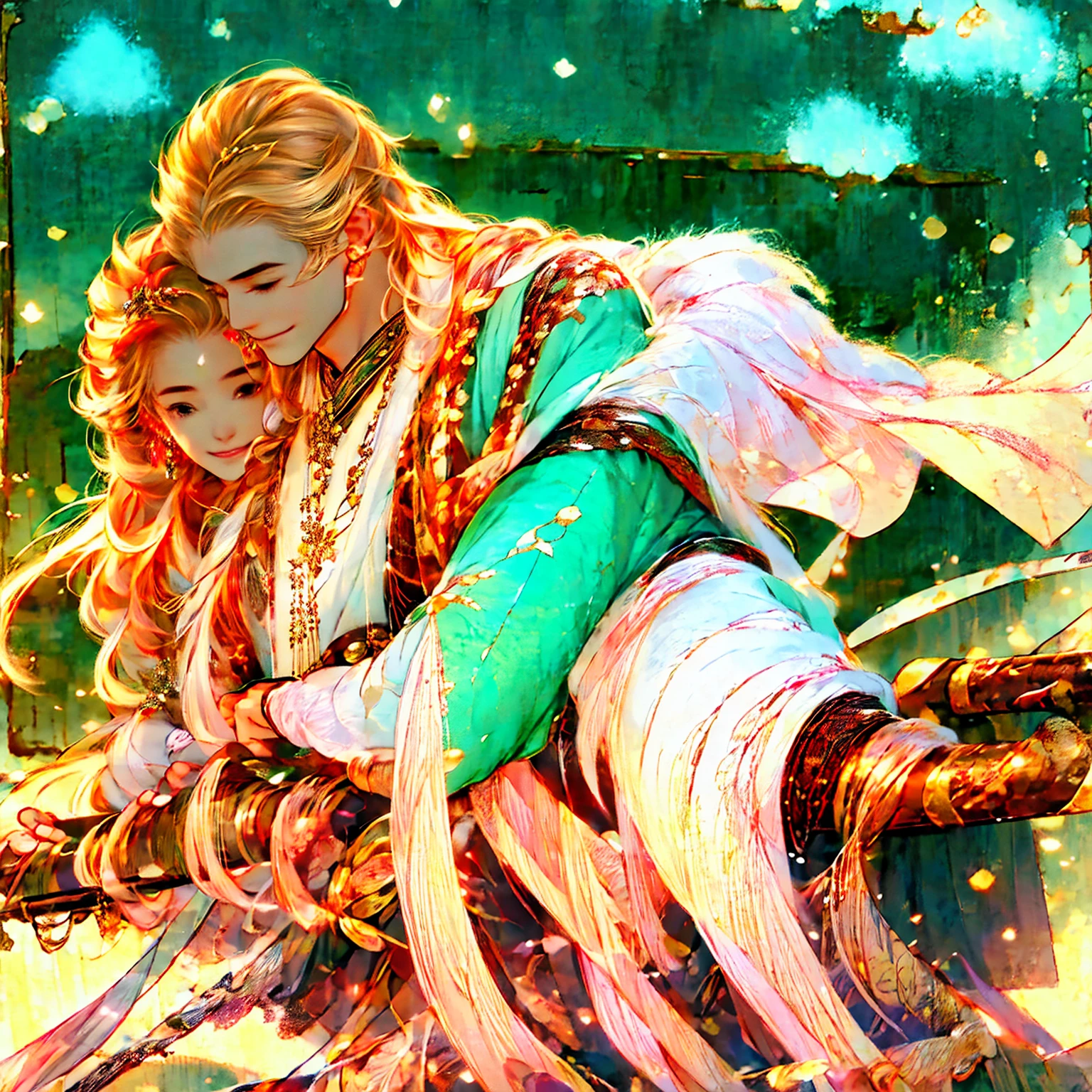 Man holding a sword and woman holding a medical book，Wearing traditional costume，Warm and happy gaze。Bright colors，antiquity