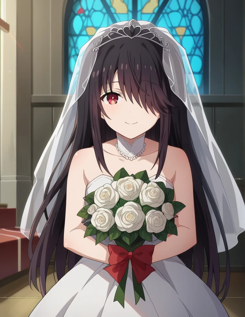 score_9, score_8_up, score_7_up, source_anime, 
kurumitokisaki, kurumi tokisaki, long hair, black hair, red eyes, hair over one eye, smile,
dress, white dress, wedding dress, veil, bouquet, flowers, white underwear
indoors, church,
looking at viewer, upper body, straight-on,