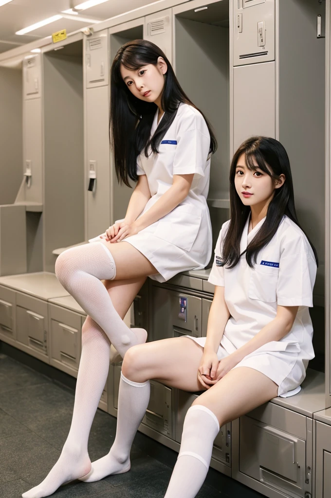 Dressed in a white shirt4woman sitting cross-legged on a bench, Photos by Japanese idols, Tumbler, Realism, wearing white outfit, ulzzangs, photo shot, official fan art, black pink, promo shot, art promotional, wearing white cloths, Sitting on the bed, a-1 pictures, perfect android girl family, Black exy white shirt、a black skirt、Girls Bar Run-6500-v1.1、(RAW Photos:1.2)。
(Photorealism)。(Genuine:1.4)。One Girl、Perfect full body anatomy。Age 25。Looking at the camera。うすいピンクのnurseの制服を着て、Health care workers、病院ではnurseの制服を着る、Sit Still、(((waiting room))),nurseの肖像、美しいnurse、厳しい任務の後のrest、nurse、rest、Messy(((Short fine hair)))、Beautiful long hair,Rounded and balanced legs、(((Thigh-high socks:1.5))),(((Nurse Sandals:0.8))),Beautiful toes,((Stand with dignity:1.5)),Full body photo、
The black knee-high socks are perfect, delicate and beautiful.。、There is always one Nike logo visible on the sockedium Long Hair、((Changing in the locker room:1.3) )。(Wearing surreal white socks with the Nike logo on them:Black Nike socks close up 1.2)
Delicate, fair and soft toes,White delicate fingers、Nike's black knee-high socks accentuate the toes