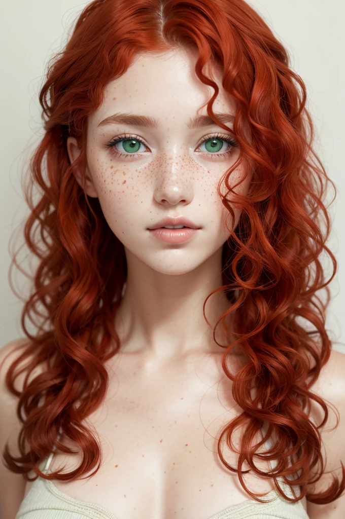 woman with red, curly hair, white skin with freckles, green eyes