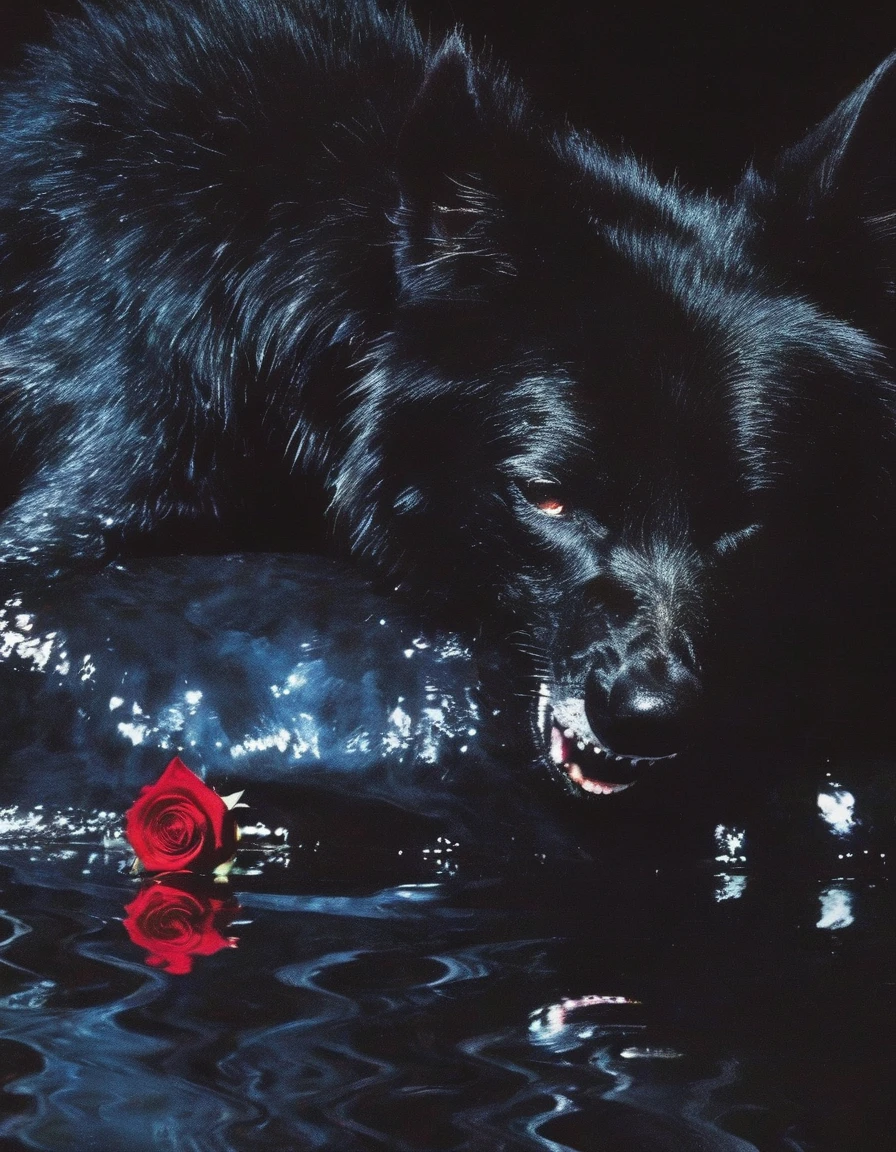 film photography, vintage, close up photo of giant black wolf with red rose in black water, blue dark forest night background