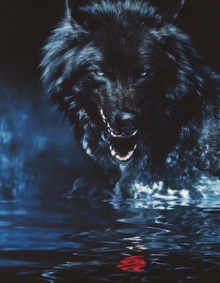 film photography, vintage, close up photo of giant black wolf with red rose in black water, blue dark forest night background
