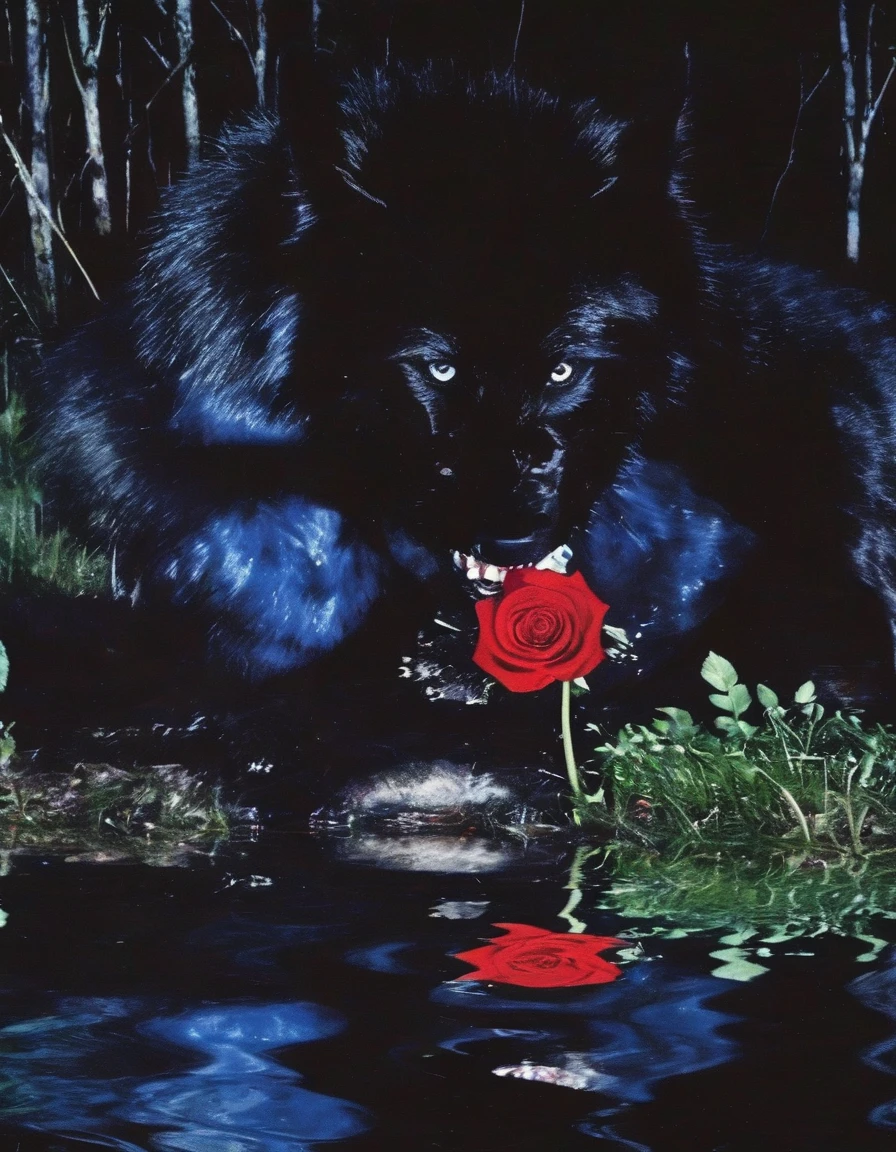 film photography, vintage, close up photo of giant black wolf with red rose in black water, blue dark forest night background