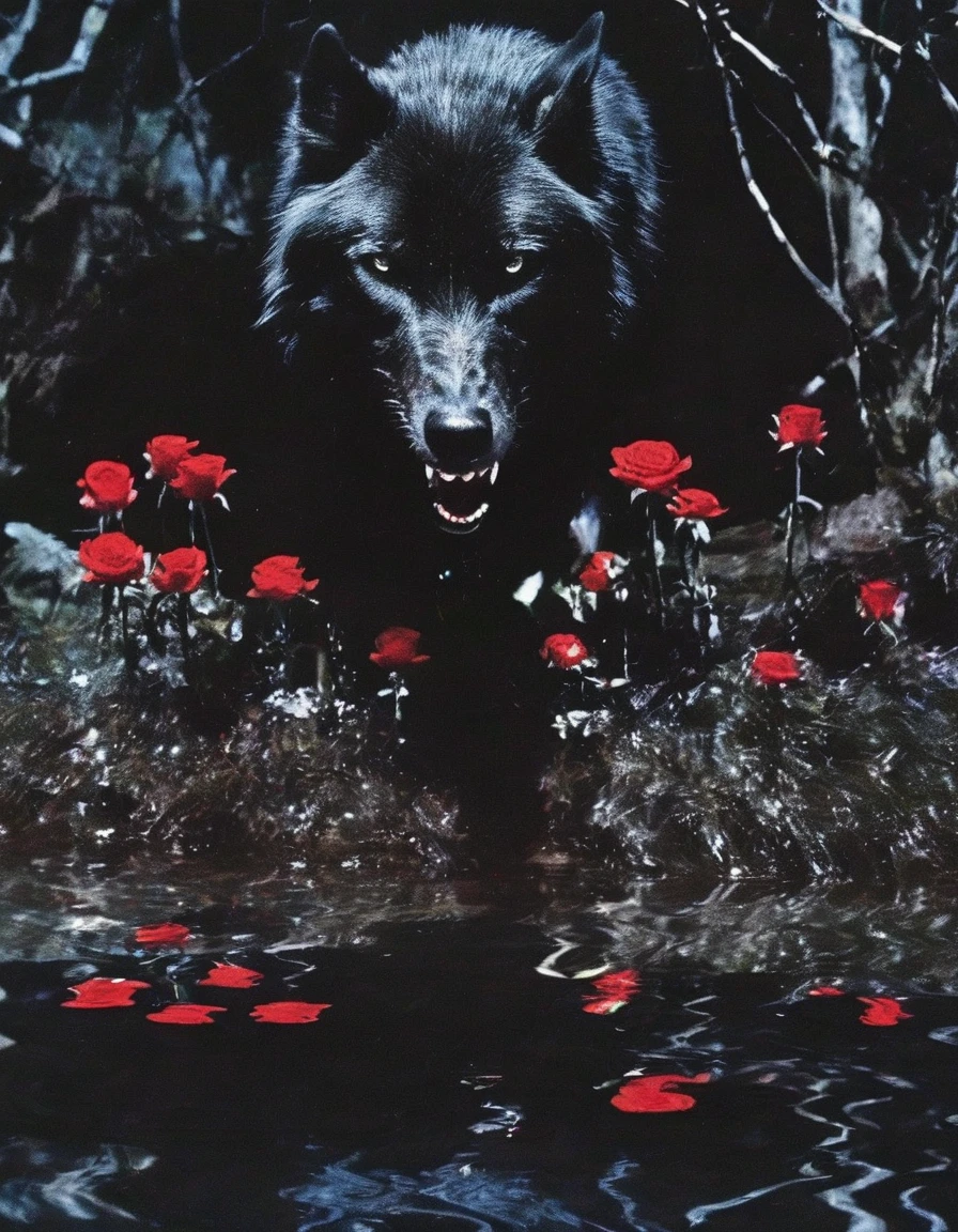 film photography, vintage, close up photo of giant black wolf with red rose in black water, blue dark forest night background