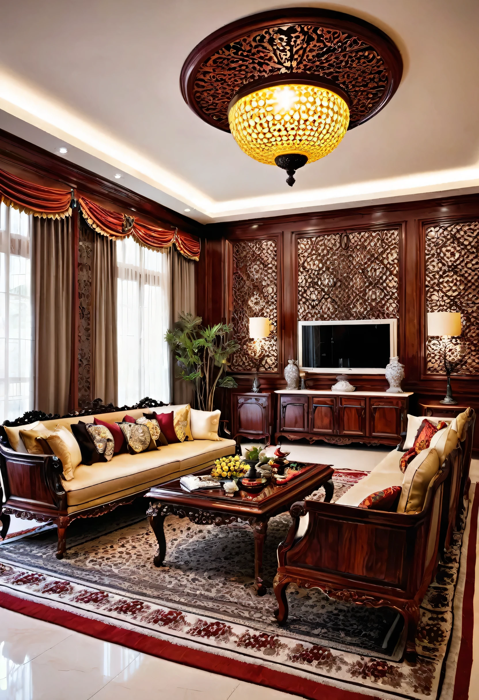 A beautiful living room made of rosewood decor design, intricate patterns,