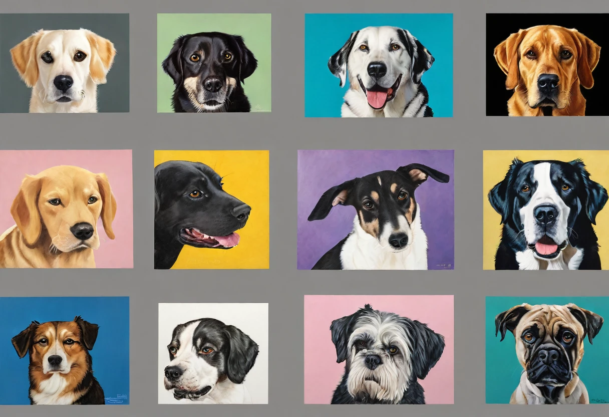 arafed image of a collage of dog with different expressions, Animal Drawings, by Jennifer Bartlett, Richard Mayhew, by Ivan Ranger, dog, by Brian Thomas, かわいいdogの絵, by Drew Tucker, by Gavin Hamilton, By Ignacio Zuloaga, by Nicholas Marsicano, Senior Artist, portrait of animal, By Derek Zablocki
