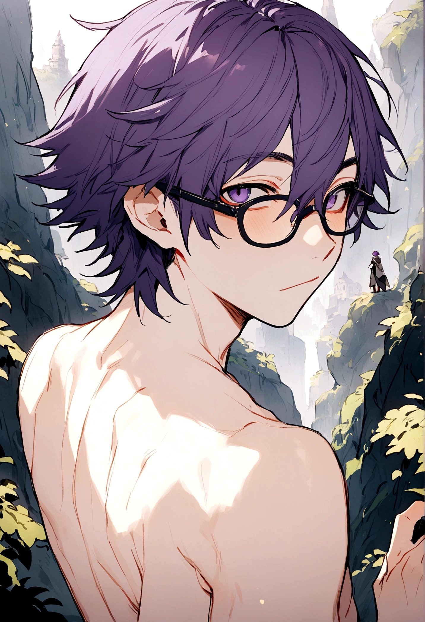 Male gender person, set in a fantasy world, 17 years, short purple hair, black glasses, naked shota