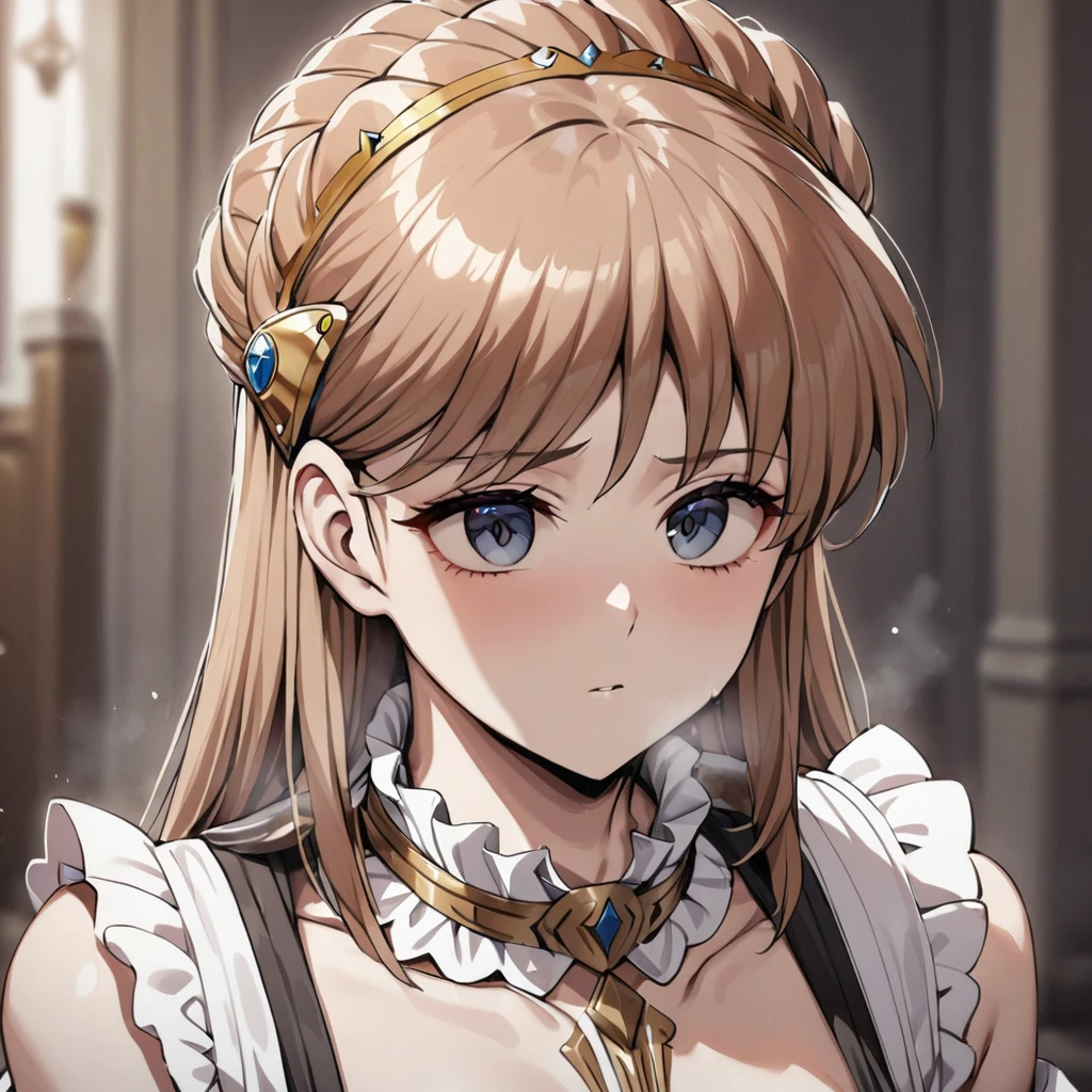 ((Highest quality)), ((masterpiece)), (detailed), （Perfect Face）、The woman is Princess Leona, with light brown, medium-long hair, wearing a Victorian maid outfit and giving a blowjob.、The woman is brainwashed, expressionless, and has no highlights in her eyes.