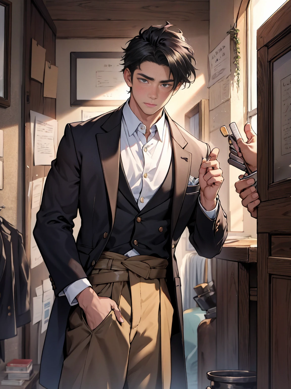 (masterpiece, Highest quality),Young man's whole body,(juvenile),The face of a 30-year-old,body tilt,Delicate large eyes,Open your eyes,Long Hair,Smooth and delicate skin,Short, square face,Surprised expression,short and round face,flat jaw,Detailed painted face,Muscular,light black hair,Complex,naked,(spine:1.2),the night,Bright colors,(Depth of written boundary:1.2),Raised to be sexy, Restrained arms,Bedroom, like々Shii, Imminent sexual activity, Black Thong, Femboy Leather Thigh High Socks, 上半身naked, Blushing, Nervous, Intimate lighting, night, A quiet street reflected in the window, Black leather spiked collar, Slave handcuffs, Slave Collar, Longing for, Lewd, Dramatic lighting, Dark Light