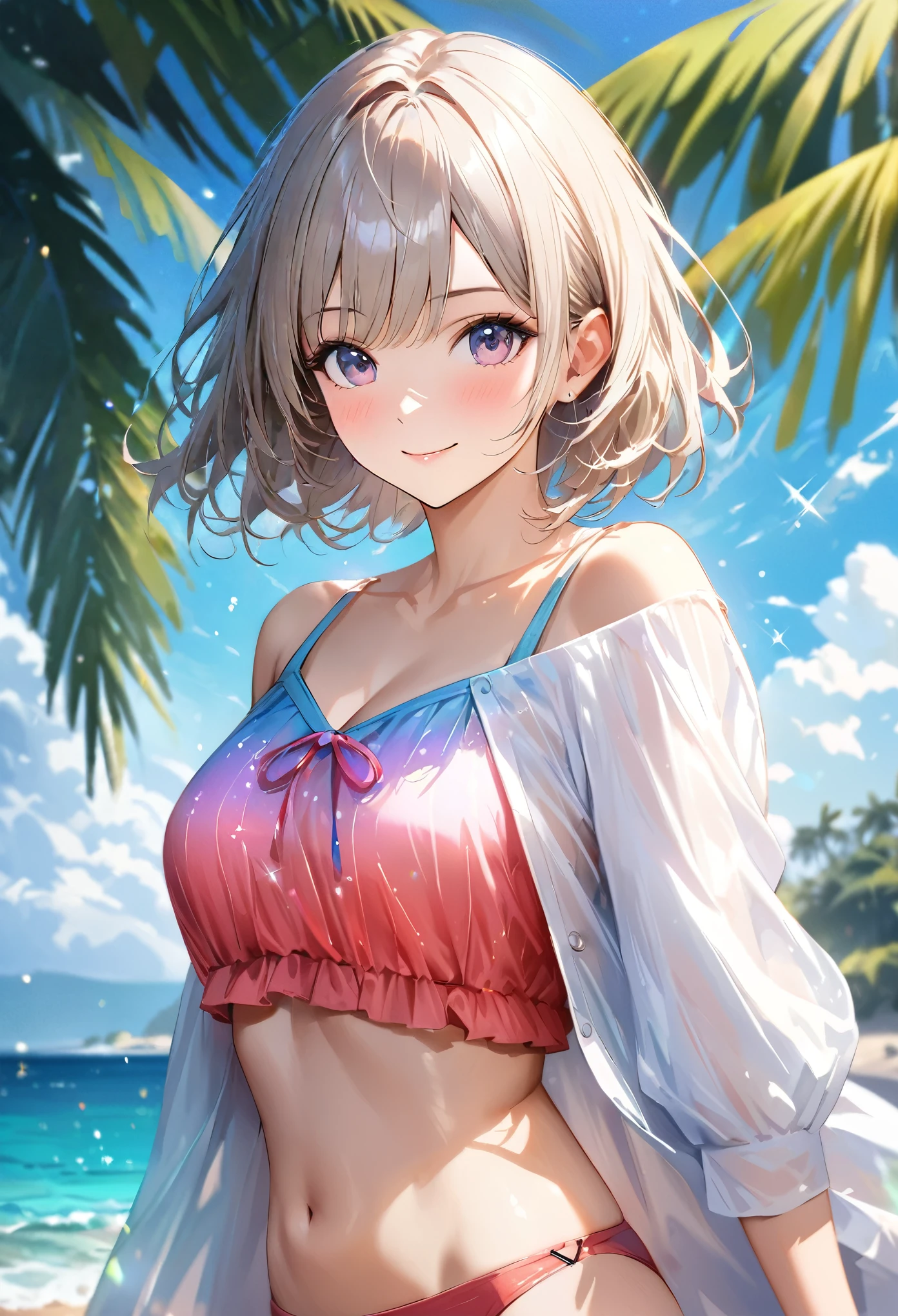 Sparkling sea and tropical ocean, Sunny sky with fluffy white clouds, Palm trees along the coast, Blur the background,Pleasant sea breeze,high school girl,Swimwear,short hair,smile,Glitter effect,Highest quality, 4K, 8K, High resolution, masterpiece:1.2, Very detailed, Realistic:1.37, High resolution, 超High resolution, Ultra-fine painting, Sharp focus, Physically Based Rendering, Very detailedな説明, Professional, Vibrant colors