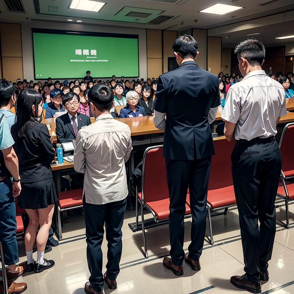 Back photo, There is only one middle-aged man in the photo with his back to the camera，He wears fashionable and young clothes，at the Taiwan City Hall, speak confidently，There are many audience members in the audience