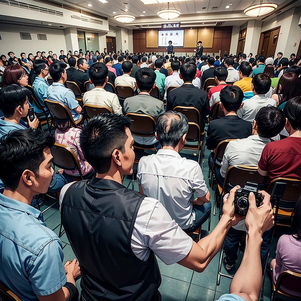 Back photo, There is only one middle-aged man in the photo with his back to the camera，He wears fashionable and young clothes，at the Taiwan City Hall, speak confidently，There are many audience members in the audience