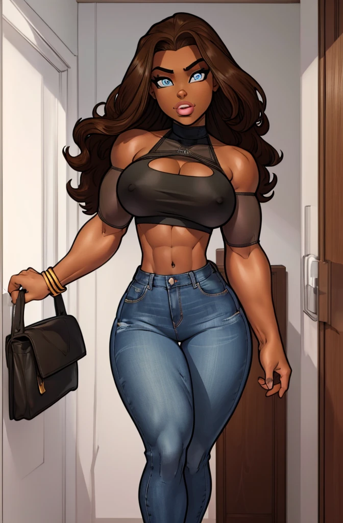 Masterpiece. detailed eyes, rabiestlagomorph, dark skin, light blue eyes, brown hair, busty, black crop top, jeans, thin waist, wide hips, slender