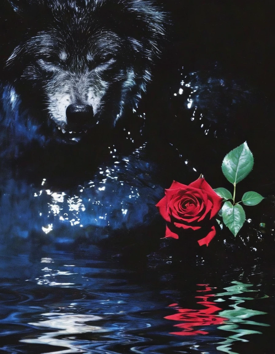 film photography, vintage, close up photo of red rose in black water, blue dark forest night background