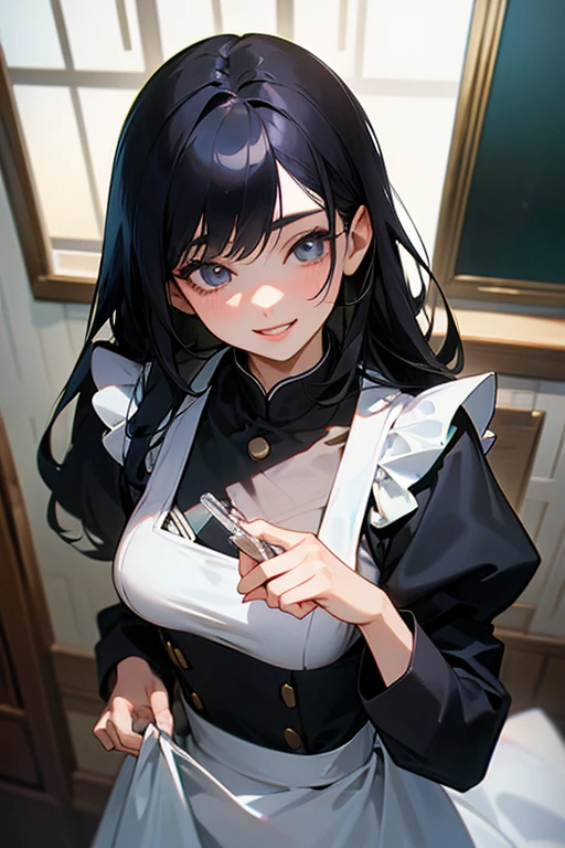 (Highest Resolution, clear_image) Highest quality, One woman, alone, masterpiece, Very detailed, Semi-realistic, Black Hairのショートヘア, Black Hair, bangs, 18-year-old, mature, light blue uniform, uniform, Indoor Background, kind, Authoritative, Powerful, exquisite features, exquisite features、Eyelashes become longer、Showing teeth、smile😀、Maid clothes、woman'Fingers in the、Sleeping on the sofa、Long Hair、Fluttering in the wind、Navy blue clothes、Long Hair、I'Carrying the plate、Long Hair、surprised、