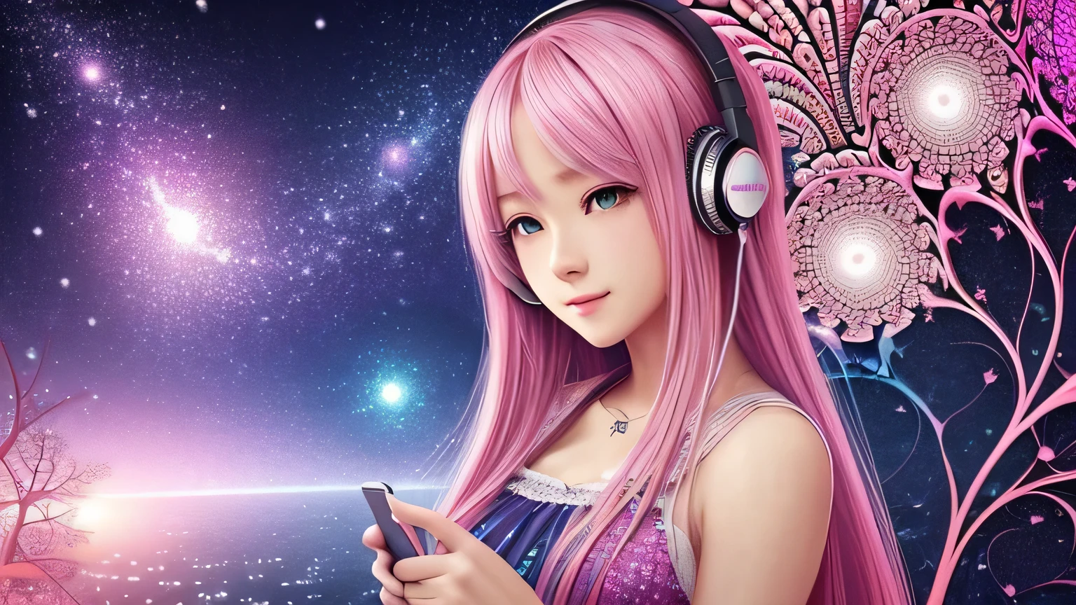 Rain sound and night view image: Rainy night、A scene of relaxing while looking out the window。 scenario: With the sound of rain and the visuals of the night view as the background、Soft lo-fi music plays。Perfect as background music to help you concentrate on studying or working。 [instrumental](masterpiece, Highest quality, Highest quality, Official Art, beautifully、aesthetic:1.2), (One girl), Very detailed,(Fractal Art:1.3),colorful,Most detailed pink hair、I have headphones on。