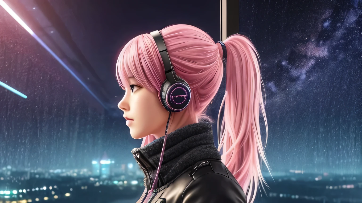 Rain sound and night view image: Rainy night、A scene of relaxing while looking out the window。 scenario: With the sound of rain and the visuals of the night view as the background、Soft lo-fi music plays。Perfect as background music to help you concentrate on studying or working。 [instrumental](masterpiece, Highest quality, Highest quality, Official Art, beautifully、aesthetic:1.2), (One girl), Very detailed,(Fractal Art:1.3),colorful,Most detailed pink hair、I have headphones on。