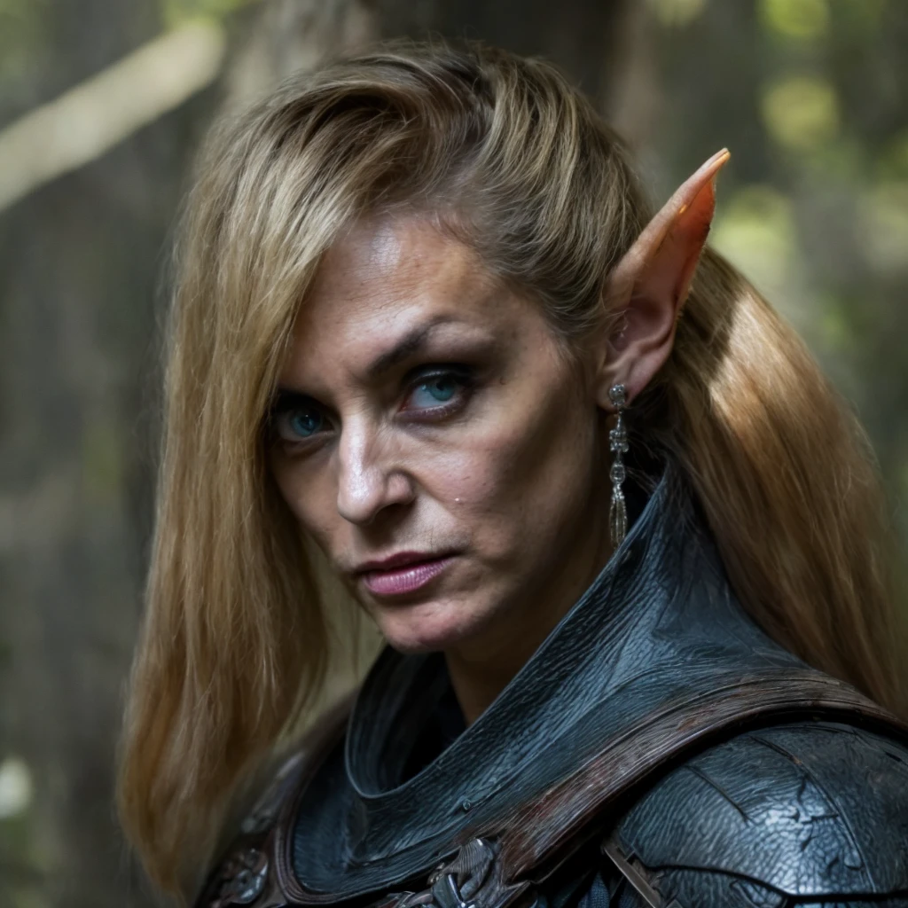 (masterpiece)+, (extremely (realistic)+,a portrait of an ugly young female elf ranger , blue empty alien eyes, Extremely sharp facial features, dirty skin, skin imperfections, Wearing blue leather armor, Focused stare. Looking in camera. volumetrics dtx, Photorealistic, ultra detailed, Artstation trending, very very detailed, realistic shaded lighting, dynamic shadows, detailed Forest background, upper body, professional photograph of a detailed skin, sharp focus, dramatic, award winning, cinematic lighting, octane render, unreal engine, volumetrics dtx, Photorealistic, ultra detailed, Artstation trending, very very detailed, hyperrealistic, fine details, realistic shaded lighting, dynamic shadows, Forest background, add_detail:1, skin pores and wrinkles, details.,More Reasonable Details