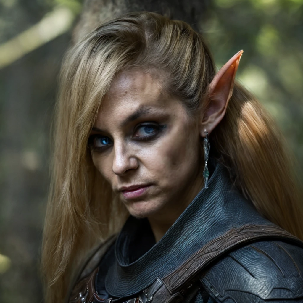 (masterpiece)+, (extremely (realistic)+,a portrait of an ugly young female elf ranger , blue empty alien eyes, Extremely sharp facial features, dirty skin, skin imperfections, Wearing blue leather armor, Focused stare. Looking in camera. volumetrics dtx, Photorealistic, ultra detailed, Artstation trending, very very detailed, realistic shaded lighting, dynamic shadows, detailed Forest background, upper body, professional photograph of a detailed skin, sharp focus, dramatic, award winning, cinematic lighting, octane render, unreal engine, volumetrics dtx, Photorealistic, ultra detailed, Artstation trending, very very detailed, hyperrealistic, fine details, realistic shaded lighting, dynamic shadows, Forest background, add_detail:1, skin pores and wrinkles, details.,More Reasonable Details
