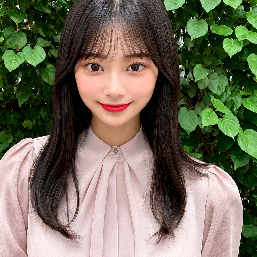 She has long, straight black hair with bangs that are straight and fall naturally. Her face is oval-shaped with a well-balanced contour. She has large, round dark-colored eyes that are very expressive. Her nose is small and well-shaped. She has a small mouth with naturally full lips, smiling warmly to give a friendly impression. Her eyebrows are thin and neatly shaped. She exudes a clean and approachable aura. She is wearing a pink blouse. She has a healthy and well-proportioned body. The overall appearance should reflect a friendly, cute, and aesthetically pleasing look.