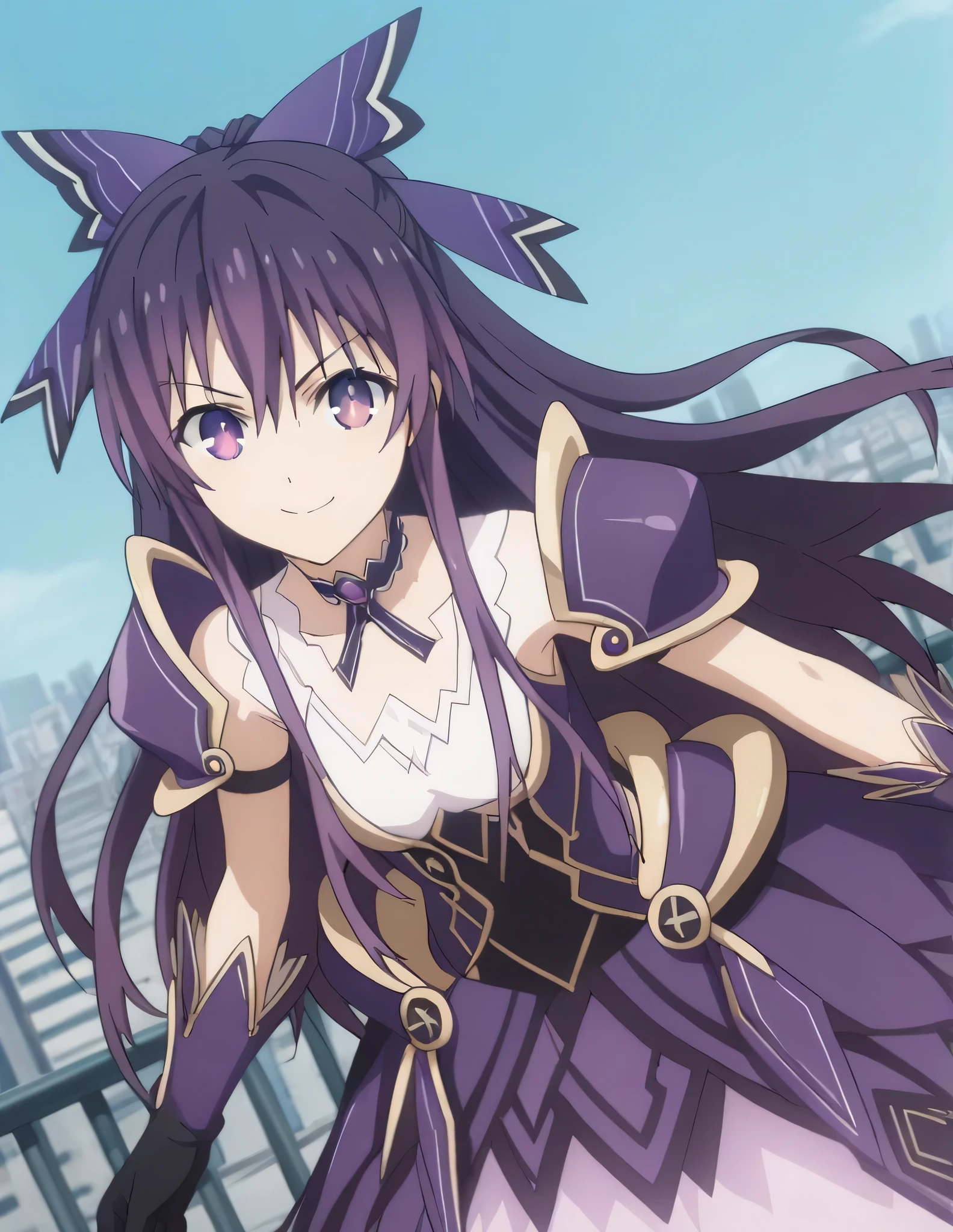 score_9, score_8_up, score_7_up, source_anime,
tookayatogami, tooka yatogami, hair ribbon, purple eyes, purple hair, long hair, ribbon,
armor, armored dress, choker, dress, gloves, pauldrons, shoulder armor,
outdoors, cityscape, bent over, smile,
looking at viewer, solo, cowboy shot, dutch angle,