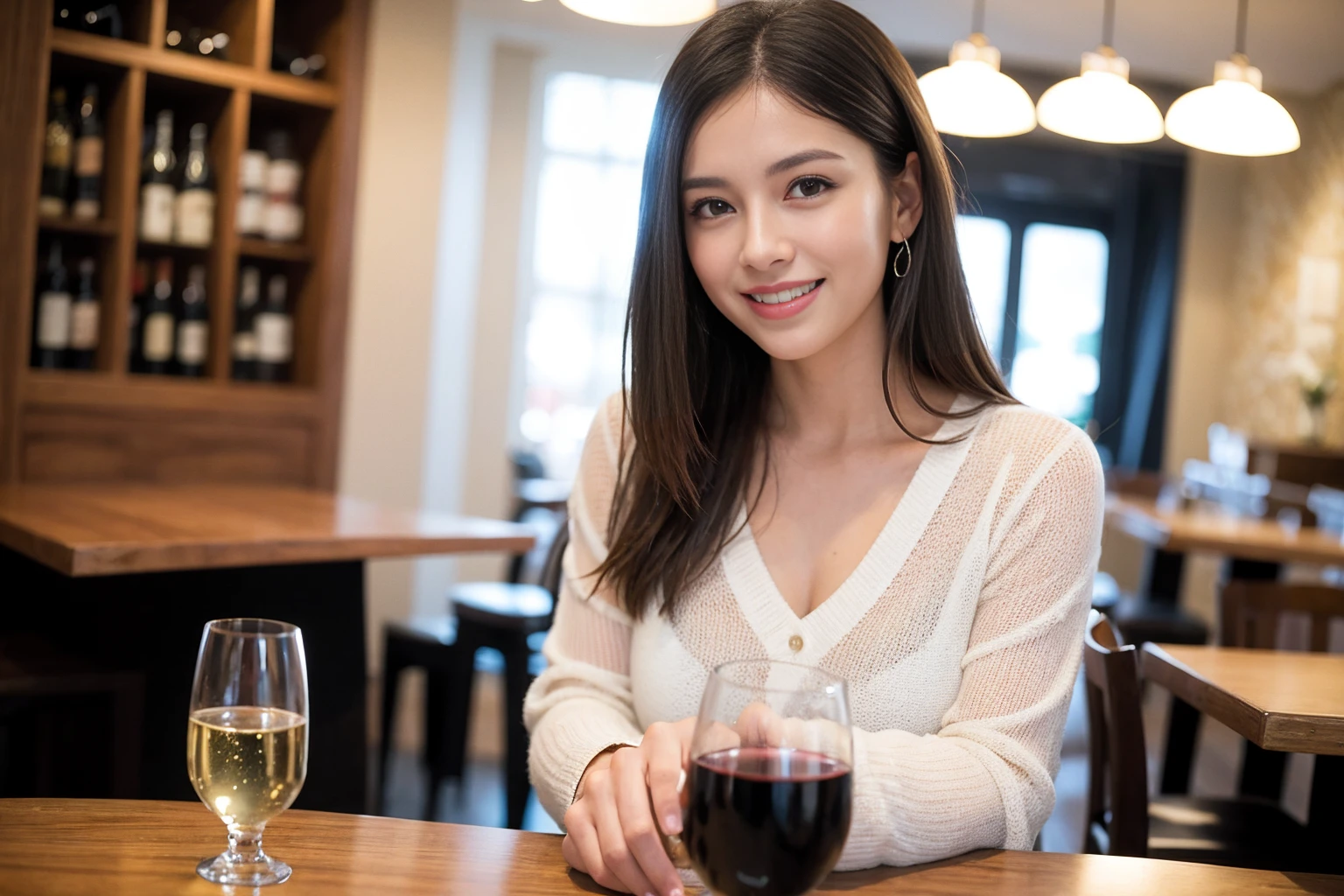 ((Highest quality、8K、masterpiece:1.3))、1 male、1 female、Couple、spouse、石原さとみ似美女Couple、The body is slim、((Bob Hale、Straight hair:1.2)), (Realistic, Intricate details:1.2), テーブルのフルコースディナーとwine glass、Shine light on your face、 Amazing view of the sunset sky and clouds、A bright smile、The wonderfulness of smile、Bright image、The beauty of wine, Beautiful Face, blue eyes, The light shines on your face, Blushing, short hair,Bright Face、 (43 years old), 39 years old, red wine 、Appetizers、Italian food、Wine bottle、Champagne、sparkling wine、Two beauties、Brown Hair、Shortcuts、Long sleeve shirt、dress、Beautiful woman 1, (slimな顔), (The body is slim), (Brown Hair), (Shortcuts), cheeks turn a little red,Attractive beauty、restaurant, In a prominent place (From the waist up) Nova Frog Style, actress, model, Upper Body, White wine, slim, wine glass, 中央に置かれたwine glass, smile, (smile: 1.15), Beautiful fine grain, Depth f/2,saturation, High Contrast, Strong light and shadow,Moist Body:1.5、3D texture、Delicate eyes、Brown Hair、The hair is very shiny、