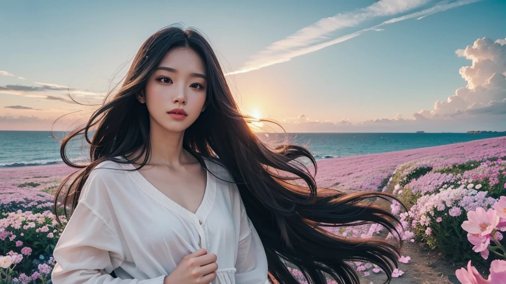 A female angel，long hair，wing，Sea of Flowers，Sky