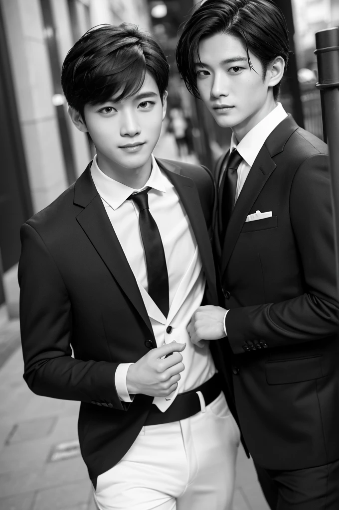 （Hoan Lap，High resolution，Hyper Detail，High resolution），masterpiece，Highest quality，Two boys，good looking，Short, narrow, flared eyes and a detailed face，Black and white suit，Dimples，Walking around the city，Black Hair，Pale skin