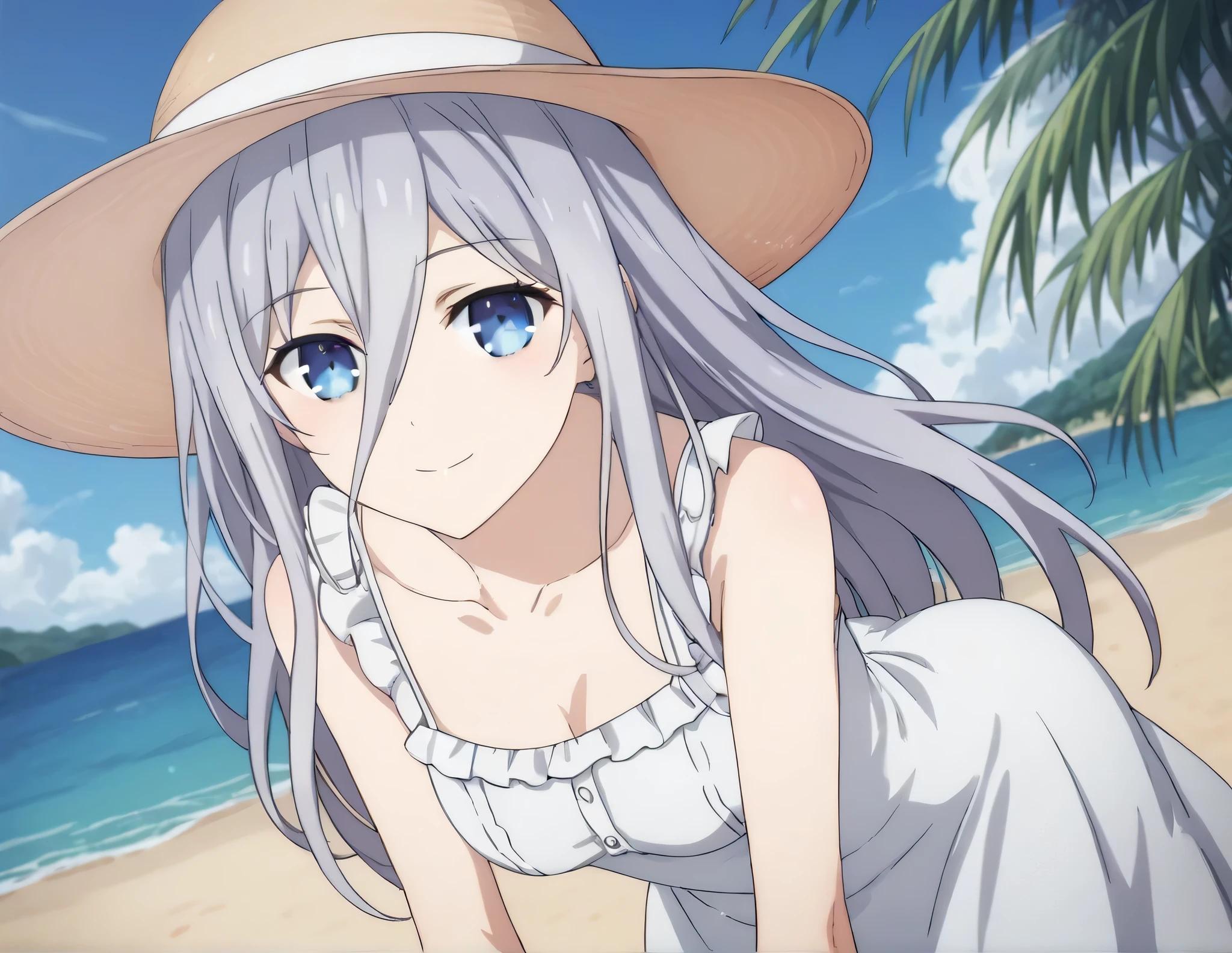 score_9, score_8_up, score_7_up, source_anime,
reinamurasame,  reina murasame, long hair, blue eyes, grey hair, hair between eyes,
hat, dress, bare shoulders, collarbone, sleeveless, white dress, sleeveless dress, sun hat, sundress,
outdoors, beach, bent over, smile,
looking at viewer, solo, cowboy shot, dutch angle,