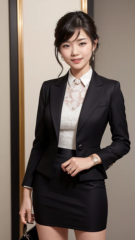 ((masterpiece, Highest quality)), Edge Quality,Conceit,Grin, ((Edge Dress, a woman in a dress posing for a picture )),jewelry, Jacket, bag, formal, suit, Pencil Skirt, handbag, Realistic, office lady, skirt suit, She's wearing a pencil dress、Leaning against the luxurious table behind him。The table is decorated with items and colors that complement her outfit.。, A bright smile.Peeing on your own, Wet clothes, A face that can't stand peeing, Desperately getting wet, Pee despair pose, Her body can't hold the pee、I desperately pee in the middle of the toilet。, Pee running down her legs, stand up, Hyper pee desperate face, Big Piss Puddle
