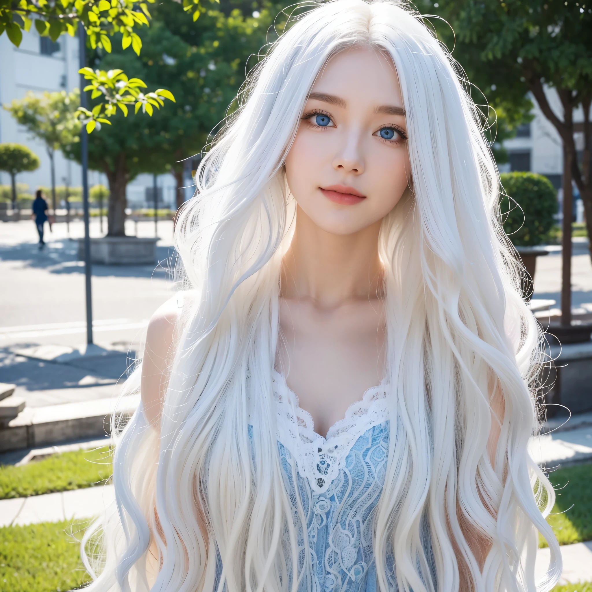 1 Woman, White long, curly hair,Natural hair. white hair. Blue eyes. student. Parque. Happy.