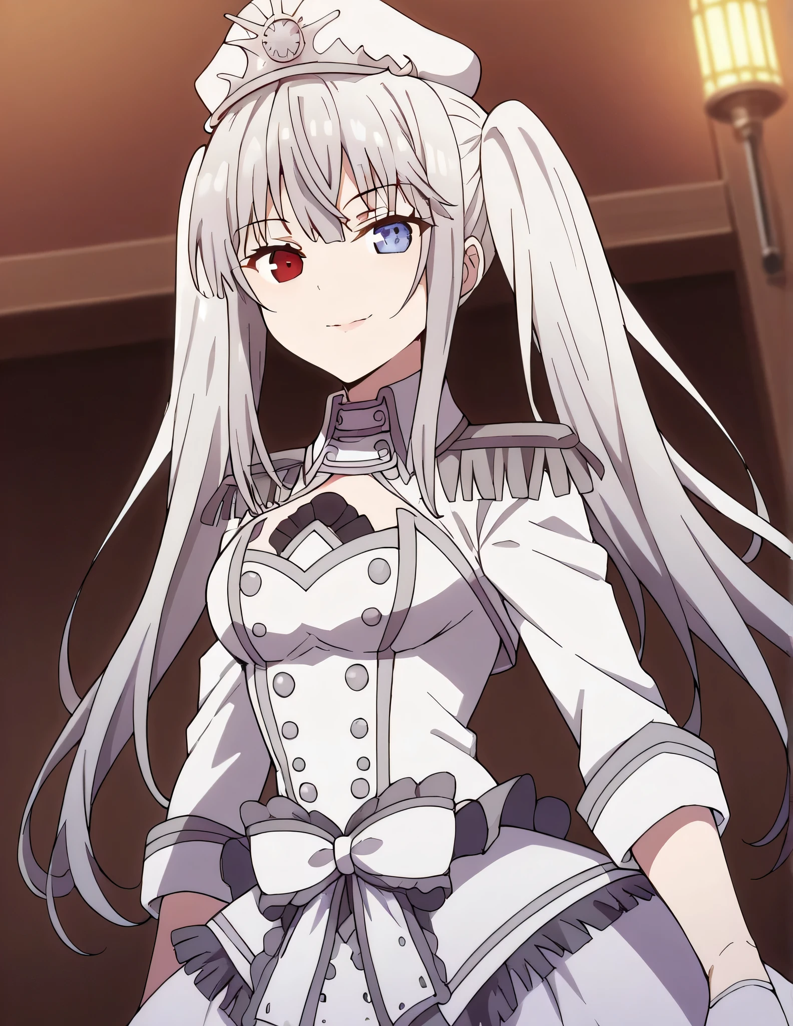 score_9, score_8_up, score_7_up, source_anime,
whitequeen, white queen, long hair, bangs, twintails, white hair, heterochromia, red eyes, blue eyes,
gloves, long sleeves, hat, dress, bow, frills, white gloves, white dress, white headwear, epaulettes, half gloves,
indoors, smile,
solo, dutch angle, looking at viewer, cowboy shot,