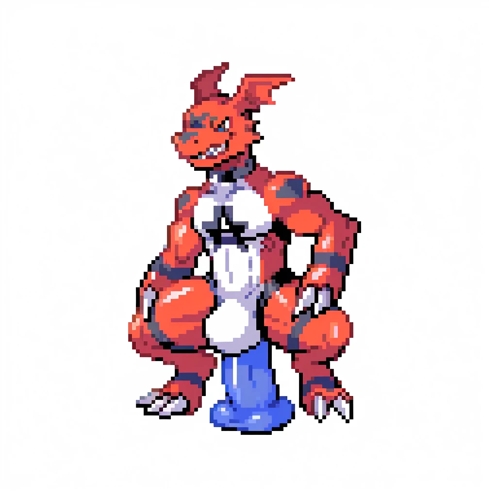 , anthro, guilmon, male, muscular anthro, muscular male, larg hips, tail, solo, blank background, closed mouth, grin, 2D, suggestive, anal penitration, large dildo, dildo in ass, ((dildo sitting)), crouching, latex, full body latex suit, gimp suit, bulge, null bulge, massive bulge, 16_bit, pixelated, 