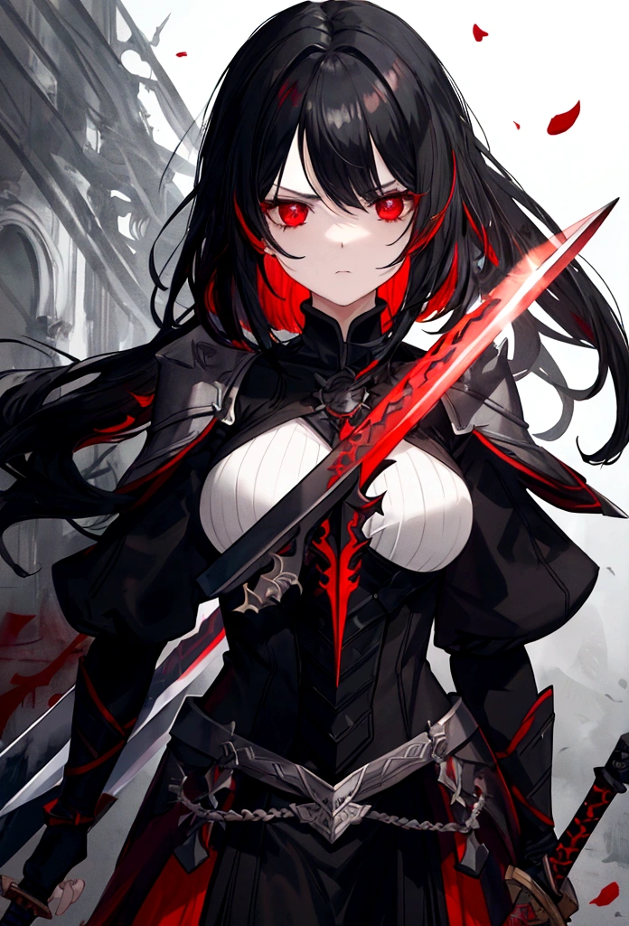 a woman with black hair and white streaks, sad expression, holding a large red sword, detailed red eyes, detailed red sword, cinematic lightning, dramatic lighting, dark fantasy, dramatic atmosphere, epic fantasy, dark moody, dark and gritty, photorealistic, 8k, highly detailed, masterpiece